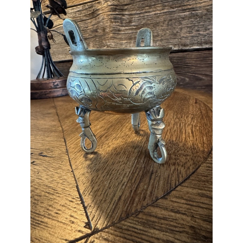 Antique Censer Chinese Incense Burner Brass 3 Footed Holder Tripod  2.75" Signed